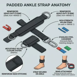 Padded ankle straps used as exercise band accessories to improve lower body resistance training.