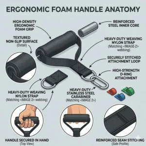 Ergonomic foam handles provide a comfortable grip for various exercise band accessories during strength sets.