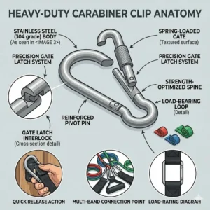 Stainless steel carabiner clips used to securely connect different exercise band accessories together.