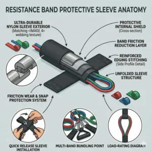 A nylon protective sleeve acts as one of the exercise band accessories to prevent snapping and wear.
