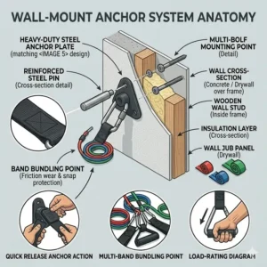 Permanent wall mount system for a dedicated workout station using specialized exercise band accessories.