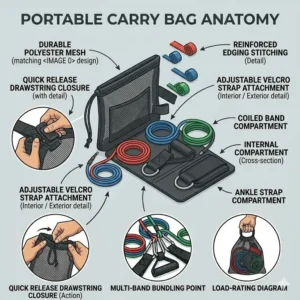 A portable mesh carry bag to organize and transport all your exercise band accessories easily.