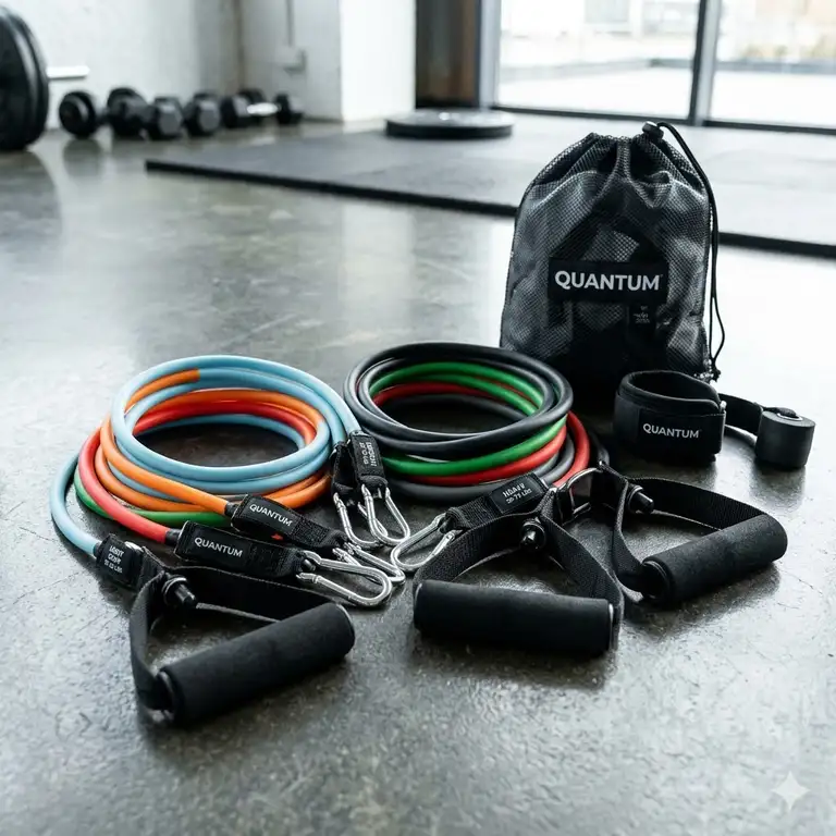A professional full set of quantum resistance bands with heavy-duty handles and a carrying bag in a gym setting.