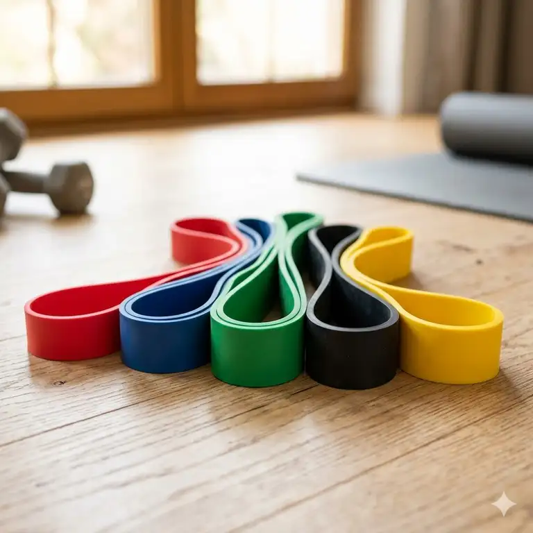 A professional set of multi-colored natural latex resistance bands displayed on a gym floor for fitness training.