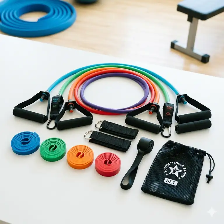 A professional complete set of colorful youth resistance bands with handles and accessories.