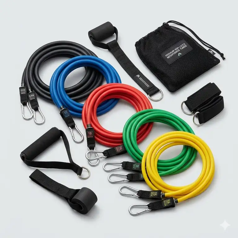 A complete set of professional non latex resistance tubes in various colors with heavy-duty handles and door anchor attachments.