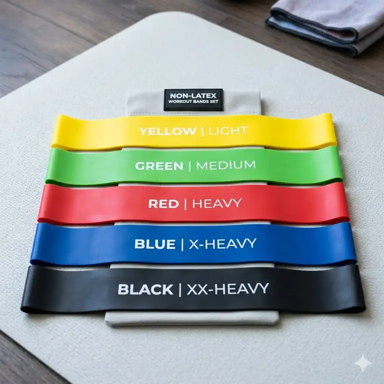 A professional set of colorful non latex workout bands arranged on a yoga mat.