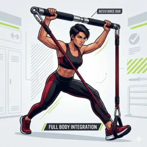 An athlete performing a full-body integration workout using an exercise resistance bar and foot straps.