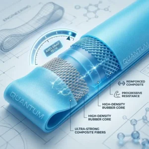 Technical diagram showing the multi-layered anti-snap composite material used in quantum exercise bands.