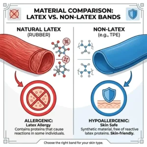 A side-by-side material comparison between natural rubber and non latex workout bands.