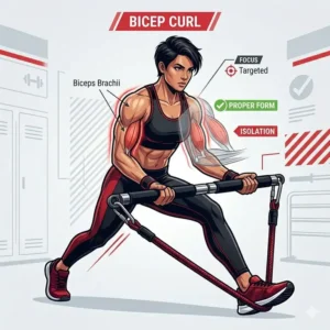 A detailed diagram showing the proper form for bicep curls using a padded exercise resistance bar.