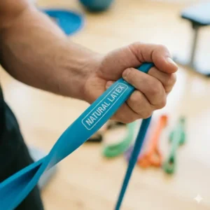 An illustration of a young athlete performing strength training with youth resistance bands.