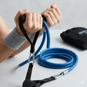 Athlete performing a standing bicep curl using blue non latex resistance tubes for upper body strength training.