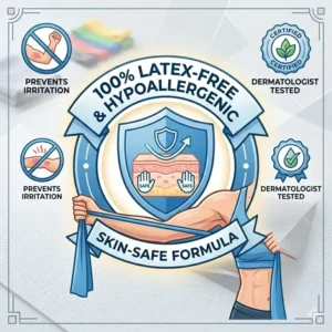 A skin-safe certification seal for hypoallergenic non latex workout bands for allergy sufferers.