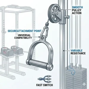 Illustration of universal compatibility for weight training handles attached to a cable machine.