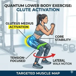 Infographic of an athlete performing glute activation and lateral walks using quantum exercise bands.