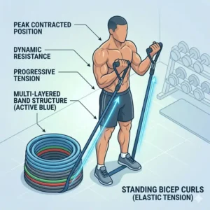 Fitness enthusiast demonstrating proper form for bicep curls using blue quantum resistance bands.