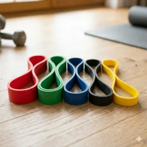 A visual comparison guide of different thickness and tension levels for natural latex resistance bands.