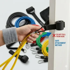 How to securely install a door anchor for non latex resistance tubes to perform chest presses and rows at home.