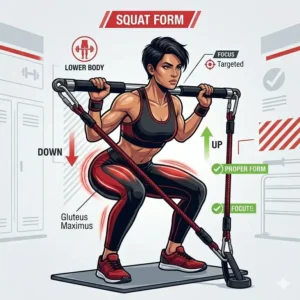 A person performing weighted squats with a steel exercise resistance bar to build lower body strength.