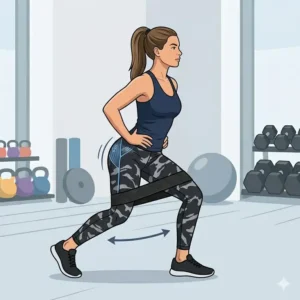 Side view of a monster walk workout using a resistance loop for hip strengthening band exercises.