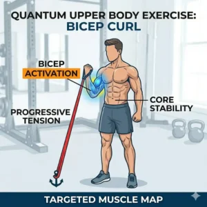 Detailed workout guide showing a bicep curl exercise to build arm strength with quantum exercise bands.