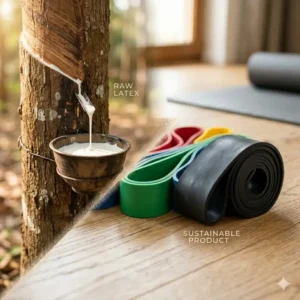 An illustration showing the sustainable rubber tree tapping process used to produce natural latex resistance bands.