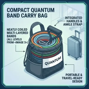 A compact mesh bag containing neatly coiled quantum resistance bands for easy travel and portability.
