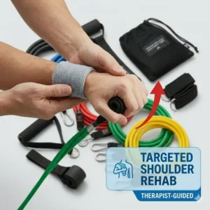 Using light tension non latex resistance tubes for rotator cuff physical therapy and joint mobility exercises.
