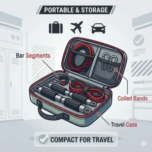 A compact and disassembled exercise resistance bar stored in a travel bag for portability.