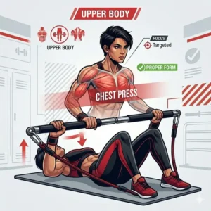Illustration of a chest press movement using an exercise resistance bar and high-tension elastic bands.