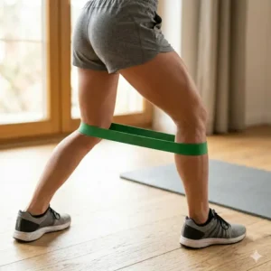 A person doing lateral walks with green natural latex resistance bands to target glutes and hip stability.