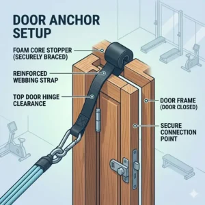 Step-by-step guide on how to securely attach quantum resistance bands to a standard door anchor.