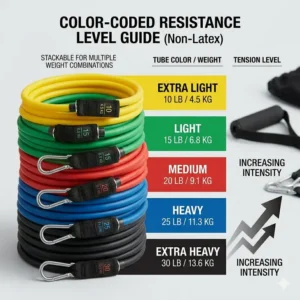 A color-coded chart showing the different weight equivalents for a set of non latex resistance tubes.