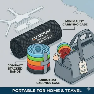A lifestyle visual showing how easily the compact quantum exercise bands fit into a small travel carrying case.