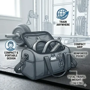 Compact and lightweight design of portable weight training handles inside a gym bag.