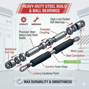 An exploded view showing the internal ball bearings and steel construction of an exercise resistance bar.