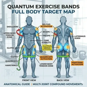 A comprehensive human anatomy map highlighting all muscle groups targeted by quantum exercise bands.