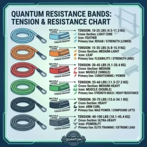 Infographic displaying various color-coded tension levels and weight equivalents for quantum resistance bands.