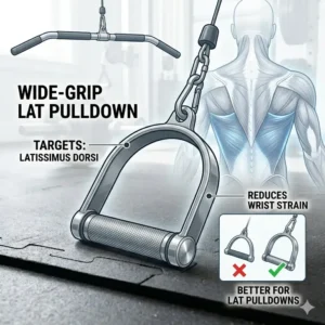 A graphic showing the correct form for wide-grip lat pulldowns using weight training handles.
