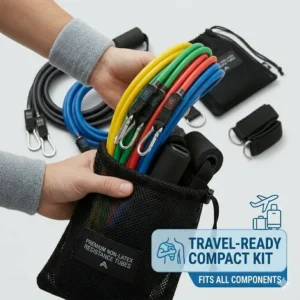 Compact and lightweight non latex resistance tubes packed in a travel bag for on-the-go workouts.