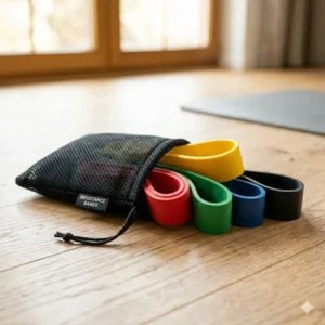 A compact black mesh carrying bag containing a rolled-up set of natural latex resistance bands for travel.