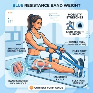 Stretching and mobility with blue resistance band weight
