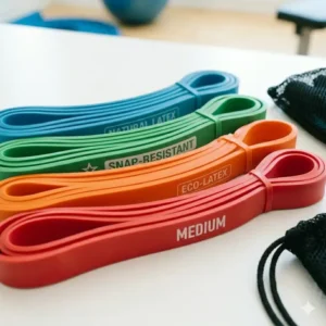 A display of various color-coded tension levels available for youth resistance bands.