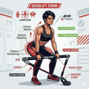 A person demonstrating a heavy deadlift with an exercise resistance bar to target the posterior chain.