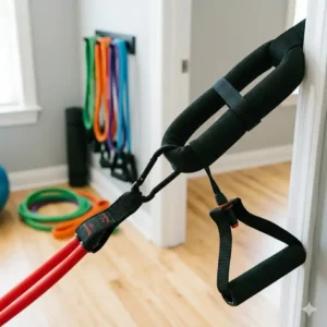 A secure door anchor attachment for a home workout using youth resistance bands.