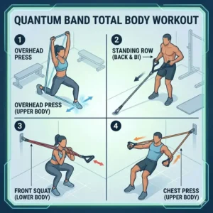 A comprehensive workout chart showing different exercises achievable with quantum resistance bands for total body conditioning.