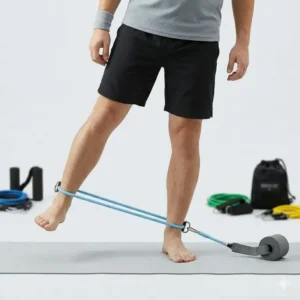 Woman performing squats using green non latex resistance tubes to add tension to lower body movements.