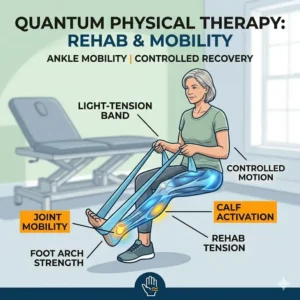An elderly woman performing seated leg and ankle mobility exercises using quantum exercise bands for rehabilitation.