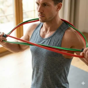 A fitness enthusiast performing a chest expansion move using long-style natural latex resistance bands.